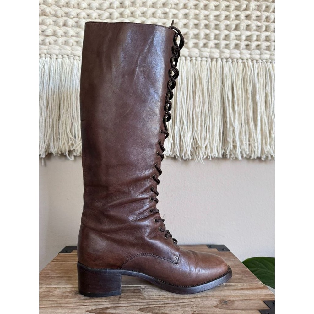 90s Vintage Charles David Brown Leather Lace Up Knee High Riding Boots Size 8 - Picture 10 of 16